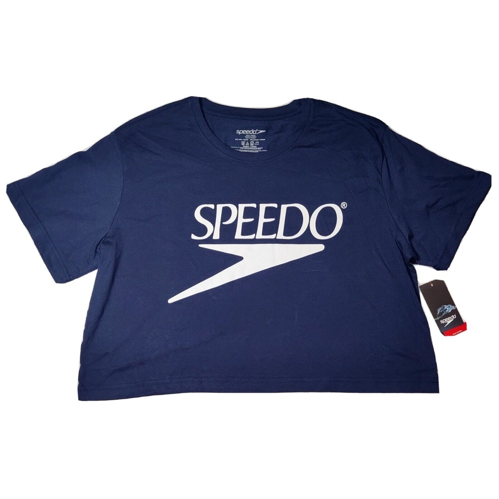 SPEEDO Women Size XL Navy‎ Cropped Short Sleeve Logo T-Shirt NEW